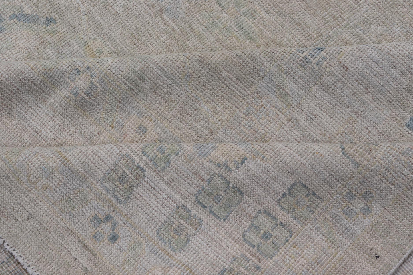 Large Modern Oushak Design in Light Blue, Green, with Light Cream Background. Keivan Woven Arts; rug AWR - 12521 Country of Origin: Afghanistan Type: Oushak Design: All - Over, Floral. Measures: 11'9 x 17'10 This rustic piece holds charm within a po... - Keivan Woven ArtsAWR - 16859 - 24976Rug