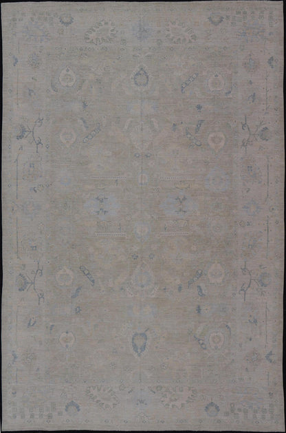 Large Modern Oushak Design in Light Blue, Green, with Light Cream Background. Keivan Woven Arts; rug AWR - 12521 Country of Origin: Afghanistan Type: Oushak Design: All - Over, Floral. Measures: 11'9 x 17'10 This rustic piece holds charm within a po... - Keivan Woven ArtsAWR - 16859 - 24976Rug