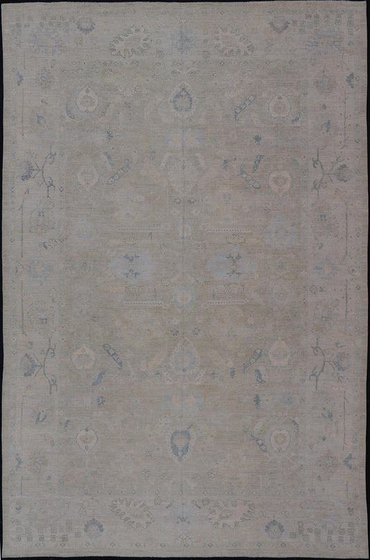 Large Modern Oushak Design in Light Blue, Green, with Light Cream Background. Keivan Woven Arts; rug AWR - 12521 Country of Origin: Afghanistan Type: Oushak Design: All - Over, Floral. Measures: 11'9 x 17'10 This rustic piece holds charm within a po... - Keivan Woven ArtsAWR - 16859 - 24976Rug