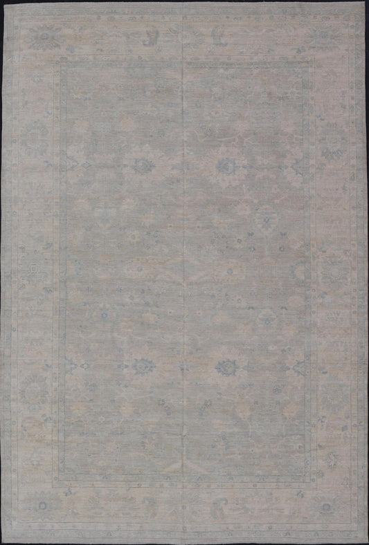 Modern All - Over Floral Oushak with Light Gray Background and Neutral Colors. Keivan Woven Arts / rug AWR - 17114 Country of Origin: Afghanistan Type: Oushak Design: Floral, All - Over, Abstract Floral. Measures: 12'3 x 18'0 This Oushak was hand - knot... - Keivan Woven ArtsAWR - 17114 - 24988Rug