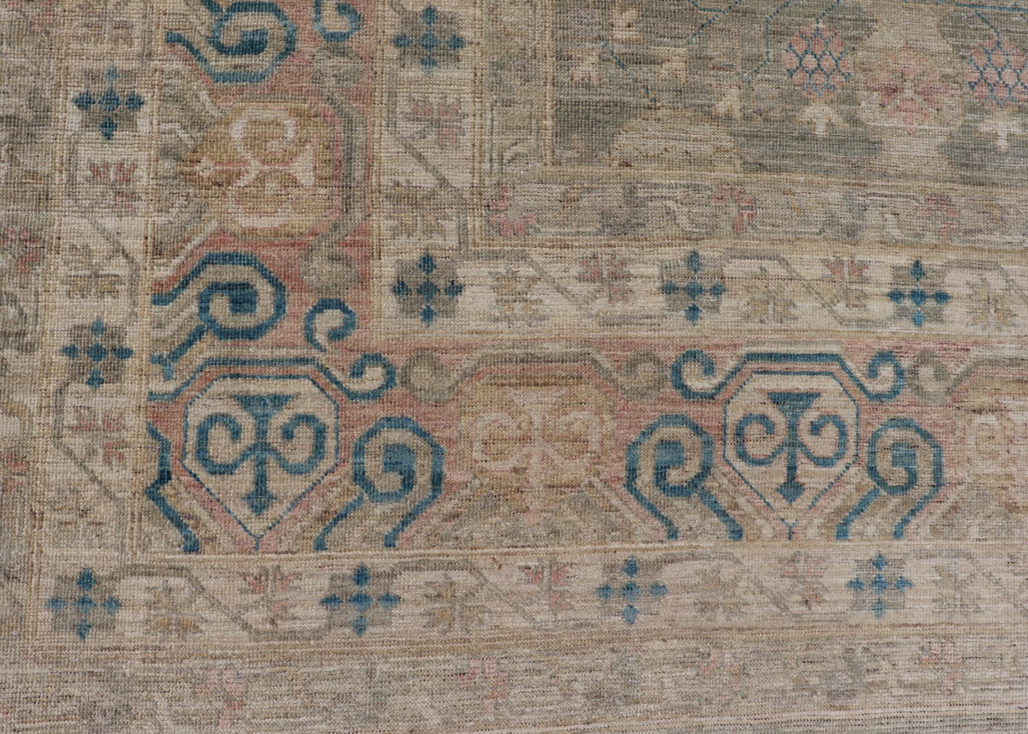 Large Modern Tribal Khotan Rug in Shades of Cream, Green, Blue, and Coral. Keivan Woven Arts Country of origin; Afghanistan Type: Khotan Keivan Woven Arts; rug AWR - 17257, early 21st century. Measures: 10'5 x 13'8 This modern Khotan features a m... - Keivan Woven ArtsAWR - 17257 - 24994Rug