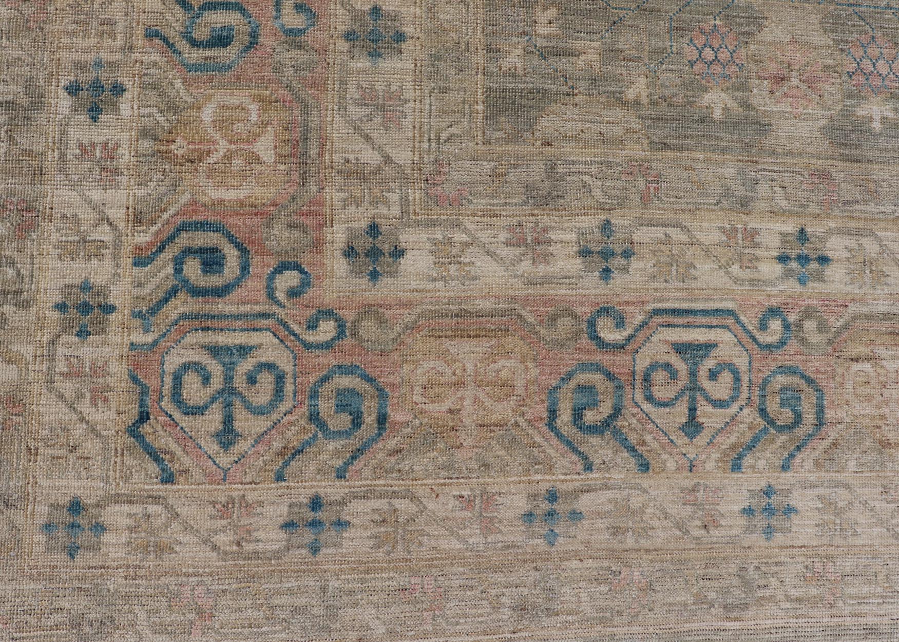 Large Modern Tribal Khotan Rug in Shades of Cream, Green, Blue, and Coral. Keivan Woven Arts Country of origin; Afghanistan Type: Khotan Keivan Woven Arts; rug AWR - 17257, early 21st century. Measures: 10'5 x 13'8 This modern Khotan features a m... - Keivan Woven ArtsAWR - 17257 - 24994Rug