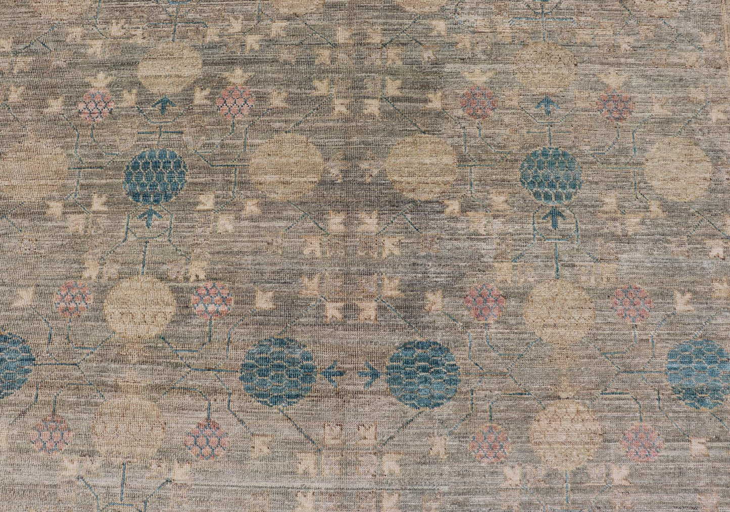 Large Modern Tribal Khotan Rug in Shades of Cream, Green, Blue, and Coral. Keivan Woven Arts Country of origin; Afghanistan Type: Khotan Keivan Woven Arts; rug AWR - 17257, early 21st century. Measures: 10'5 x 13'8 This modern Khotan features a m... - Keivan Woven ArtsAWR - 17257 - 24994Rug