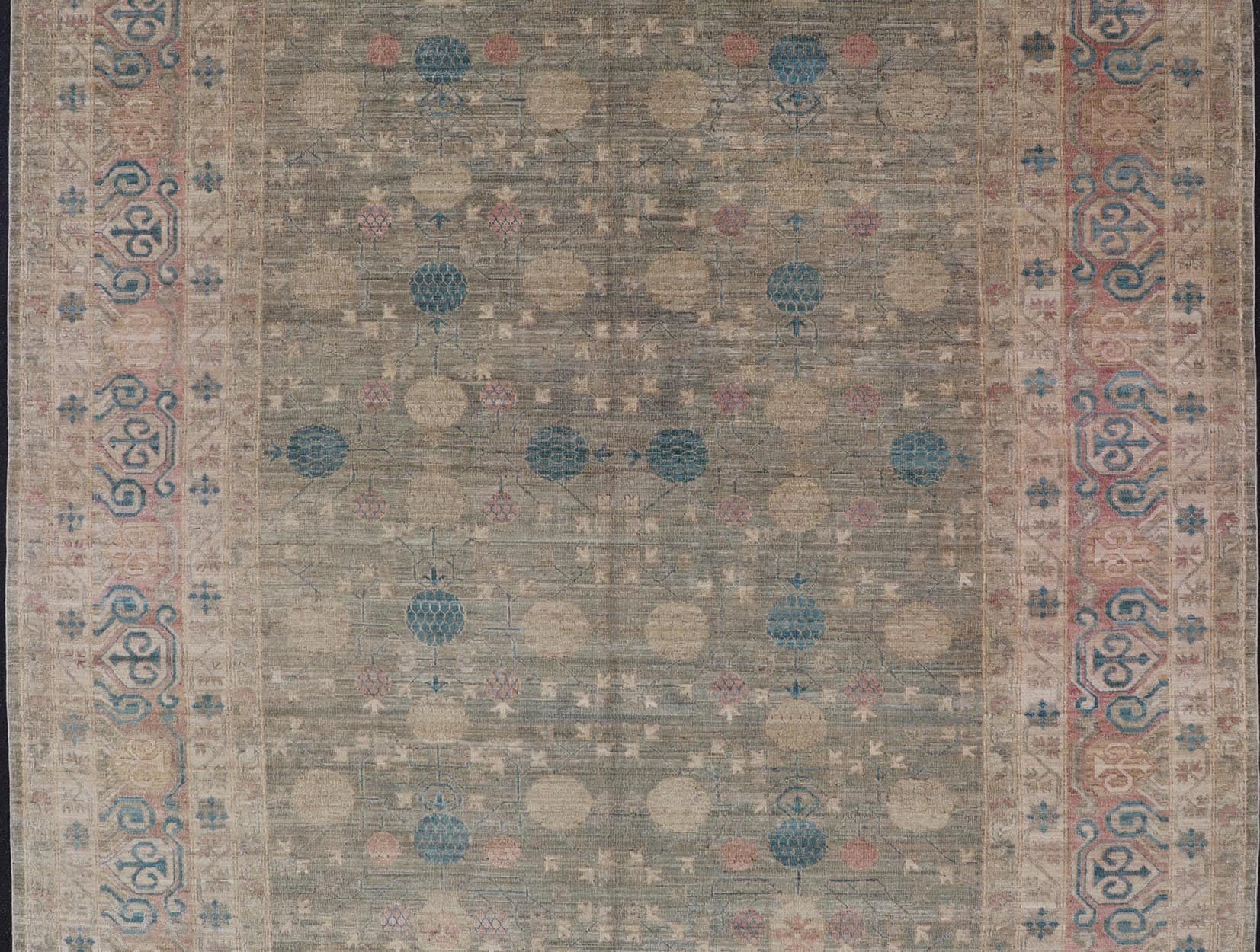 Large Modern Tribal Khotan Rug in Shades of Cream, Green, Blue, and Coral. Keivan Woven Arts Country of origin; Afghanistan Type: Khotan Keivan Woven Arts; rug AWR - 17257, early 21st century. Measures: 10'5 x 13'8 This modern Khotan features a m... - Keivan Woven ArtsAWR - 17257 - 24994Rug