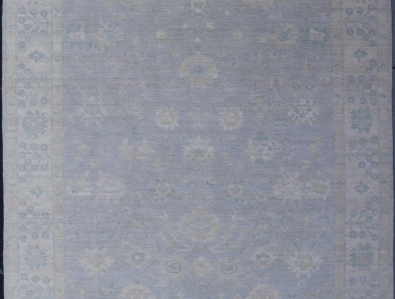 Modern Oushak with Floral Motifs with Cream, Grey, Blue, and Powder Blue. Keivan Woven Arts; rug AWR - 17319 Country of Origin: Afghanistan Type: Oushak Design: Floral, All - Over Abstract - Tribal 21st century. Measures: 9'3 x 11'8 This modern Ousha... - Keivan Woven ArtsAWR - 17319 - 25000Rug