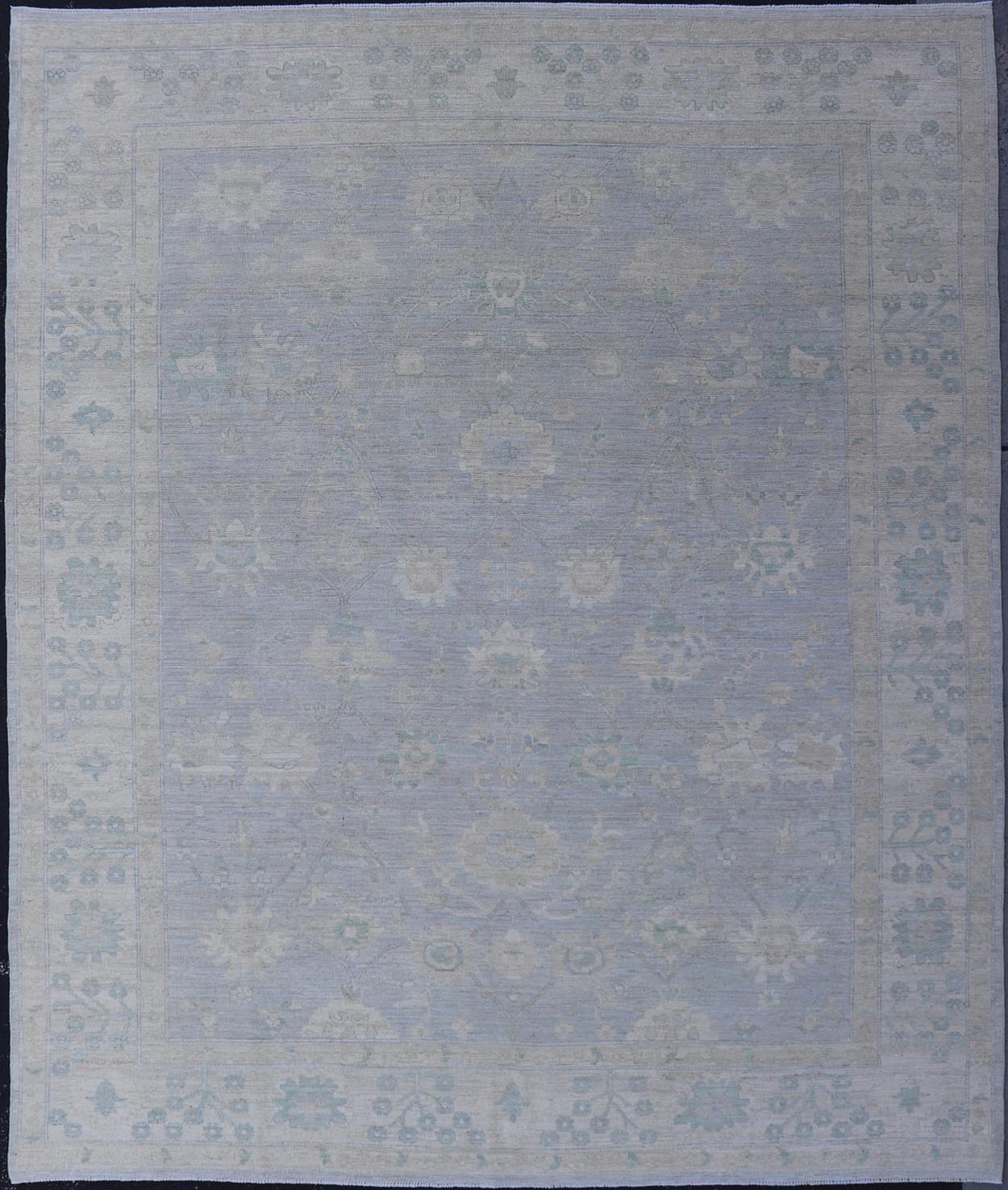 Modern Oushak with Floral Motifs with Cream, Grey, Blue, and Powder Blue. Keivan Woven Arts; rug AWR - 17319 Country of Origin: Afghanistan Type: Oushak Design: Floral, All - Over Abstract - Tribal 21st century. Measures: 9'3 x 11'8 This modern Ousha... - Keivan Woven ArtsAWR - 17319 - 25000Rug