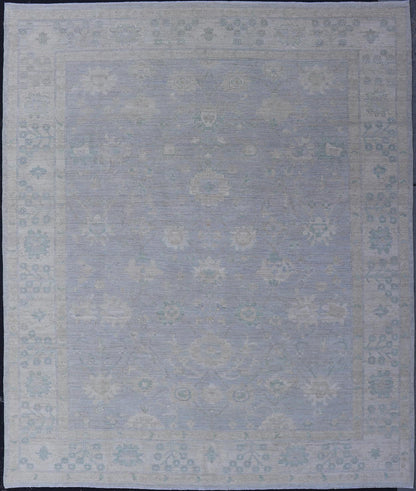 Modern Oushak with Floral Motifs with Cream, Grey, Blue, and Powder Blue. Keivan Woven Arts; rug AWR - 17319 Country of Origin: Afghanistan Type: Oushak Design: Floral, All - Over Abstract - Tribal 21st century. Measures: 9'3 x 11'8 This modern Ousha... - Keivan Woven ArtsAWR - 17319 - 25000Rug