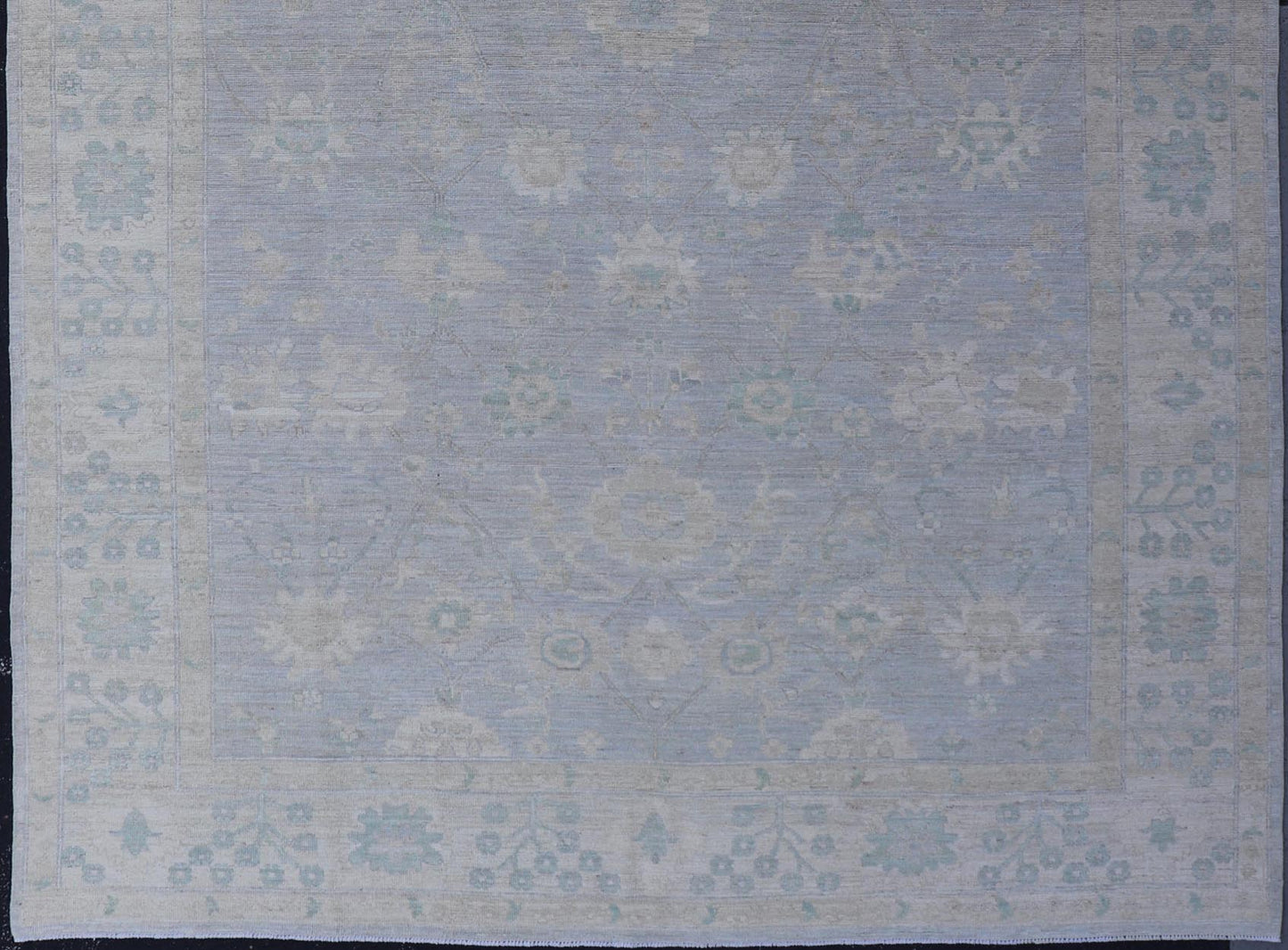 Modern Oushak with Floral Motifs with Cream, Grey, Blue, and Powder Blue. Keivan Woven Arts; rug AWR - 17319 Country of Origin: Afghanistan Type: Oushak Design: Floral, All - Over Abstract - Tribal 21st century. Measures: 9'3 x 11'8 This modern Ousha... - Keivan Woven ArtsAWR - 17319 - 25000Rug