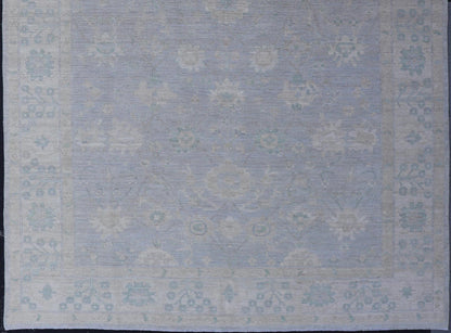 Modern Oushak with Floral Motifs with Cream, Grey, Blue, and Powder Blue. Keivan Woven Arts; rug AWR - 17319 Country of Origin: Afghanistan Type: Oushak Design: Floral, All - Over Abstract - Tribal 21st century. Measures: 9'3 x 11'8 This modern Ousha... - Keivan Woven ArtsAWR - 17319 - 25000Rug