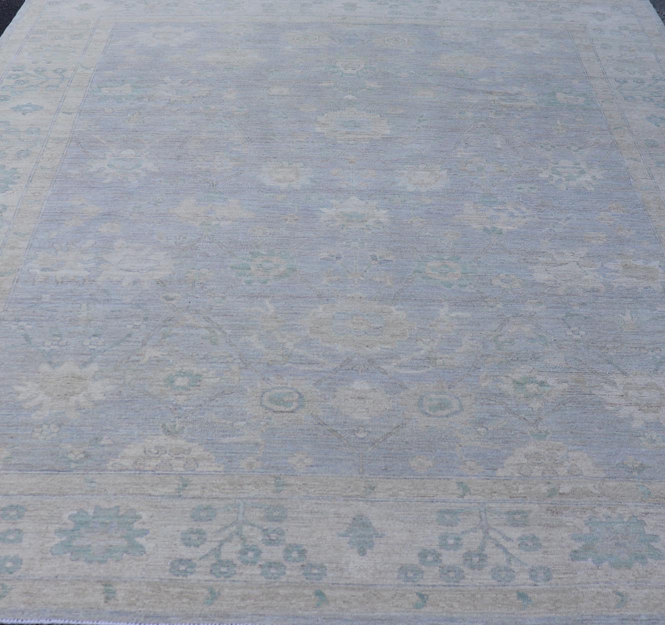 Modern Oushak with Floral Motifs with Cream, Grey, Blue, and Powder Blue. Keivan Woven Arts; rug AWR - 17319 Country of Origin: Afghanistan Type: Oushak Design: Floral, All - Over Abstract - Tribal 21st century. Measures: 9'3 x 11'8 This modern Ousha... - Keivan Woven ArtsAWR - 17319 - 25000Rug