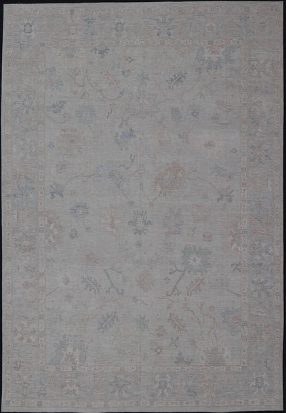 Very Large Modern Oushak with Soft Floral Motifs on Light Gray - Blue Background. Keivan Woven Arts; rug AWR - 17322 / Country of Origin: Afghanistan Type: Oushak Design: Floral. Measures: 12'1 x 17'8 This grandiose Oushak features a wide border, s... - Keivan Woven ArtsAWR - 17322 - 25006Rug