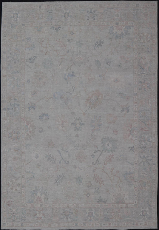 Very Large Modern Oushak with Soft Floral Motifs on Light Gray - Blue Background. Keivan Woven Arts; rug AWR - 17322 / Country of Origin: Afghanistan Type: Oushak Design: Floral. Measures: 12'1 x 17'8 This grandiose Oushak features a wide border, s... - Keivan Woven ArtsAWR - 17322 - 25006Rug