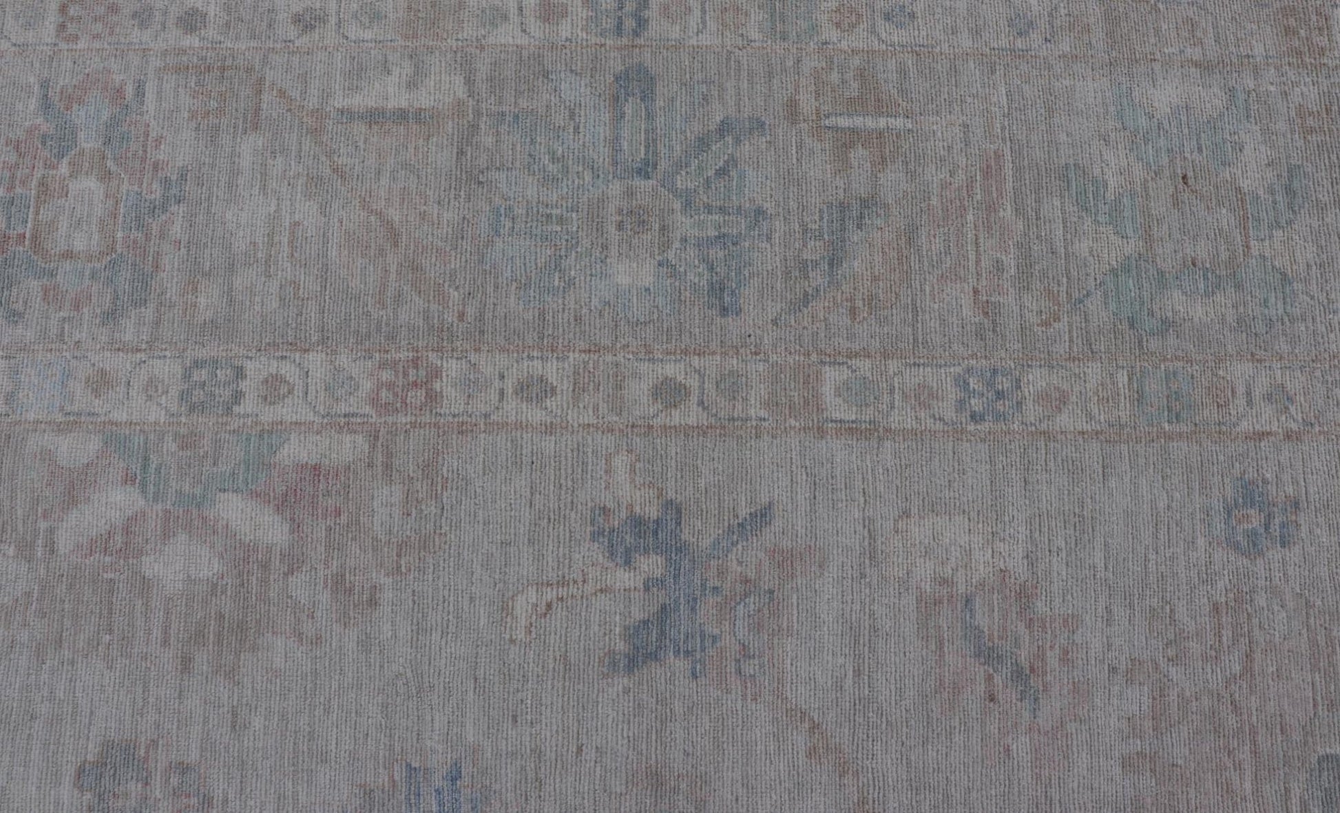 Very Large Modern Oushak with Soft Floral Motifs on Light Gray - Blue Background. Keivan Woven Arts; rug AWR - 17322 / Country of Origin: Afghanistan Type: Oushak Design: Floral. Measures: 12'1 x 17'8 This grandiose Oushak features a wide border, s... - Keivan Woven ArtsAWR - 17322 - 25006Rug