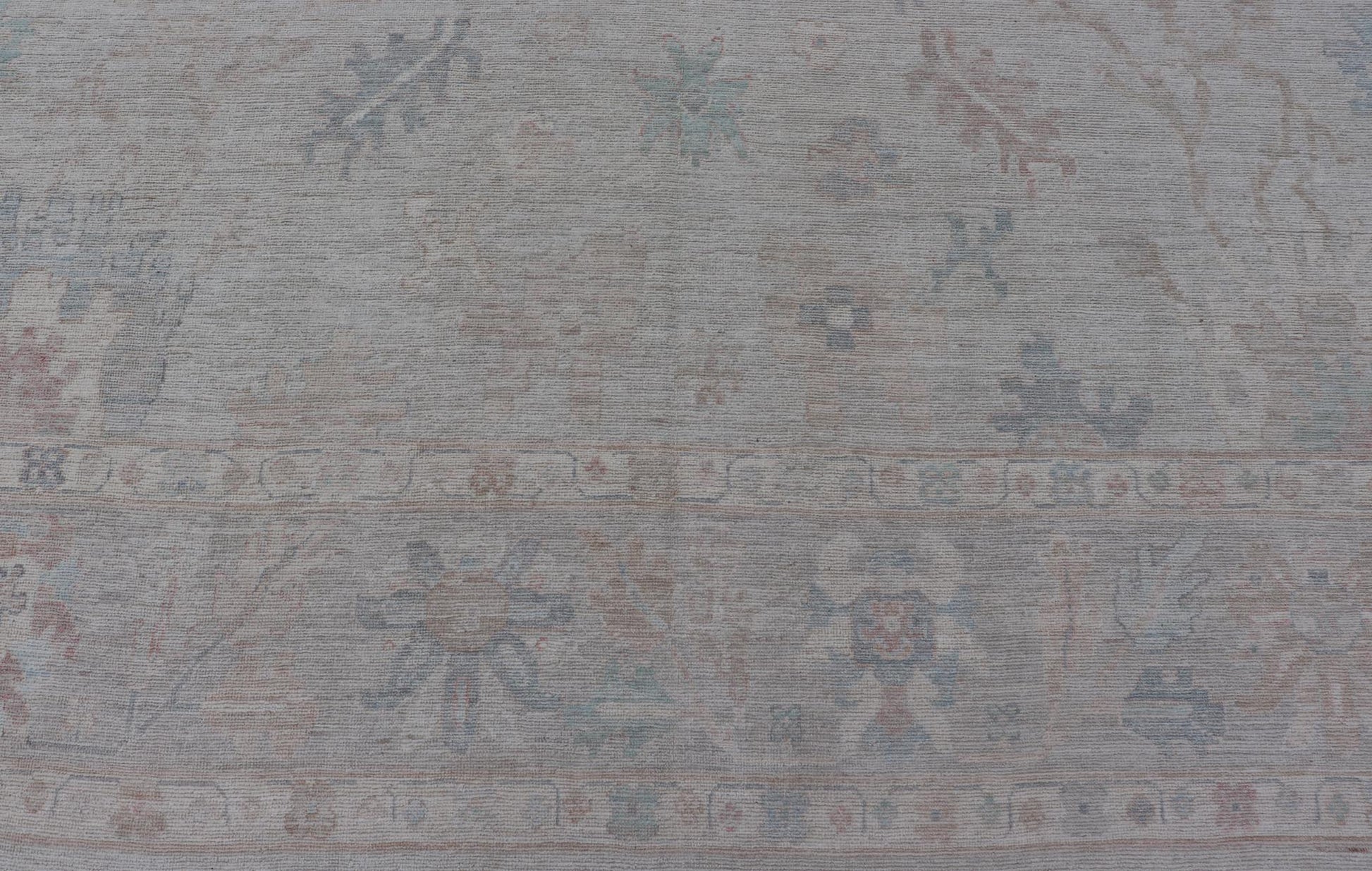 Very Large Modern Oushak with Soft Floral Motifs on Light Gray - Blue Background. Keivan Woven Arts; rug AWR - 17322 / Country of Origin: Afghanistan Type: Oushak Design: Floral. Measures: 12'1 x 17'8 This grandiose Oushak features a wide border, s... - Keivan Woven ArtsAWR - 17322 - 25006Rug