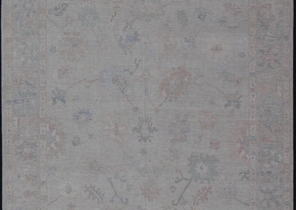 Very Large Modern Oushak with Soft Floral Motifs on Light Gray - Blue Background. Keivan Woven Arts; rug AWR - 17322 / Country of Origin: Afghanistan Type: Oushak Design: Floral. Measures: 12'1 x 17'8 This grandiose Oushak features a wide border, s... - Keivan Woven ArtsAWR - 17322 - 25006Rug