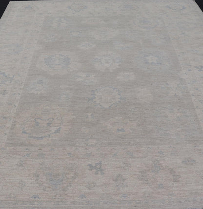 Hand - Knotted Transitional Neutral Oushak Rug in Light Gray, Light Blue, Green. Keivan Woven Arts; rug AWR - 17324 Country of Origin: Afghanistan Type: Oushak Design: All - Over, Floral. Measures: 9'1 x 11'10 Hand - Knotted in Afghanistan, this rustic ... - Keivan Woven ArtsAWR - 17324 - 24904Rug