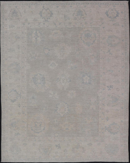 Hand - Knotted Transitional Neutral Oushak Rug in Light Gray, Light Blue, Green. Keivan Woven Arts; rug AWR - 17324 Country of Origin: Afghanistan Type: Oushak Design: All - Over, Floral. Measures: 9'1 x 11'10 Hand - Knotted in Afghanistan, this rustic ... - Keivan Woven ArtsAWR - 17324 - 24904Rug