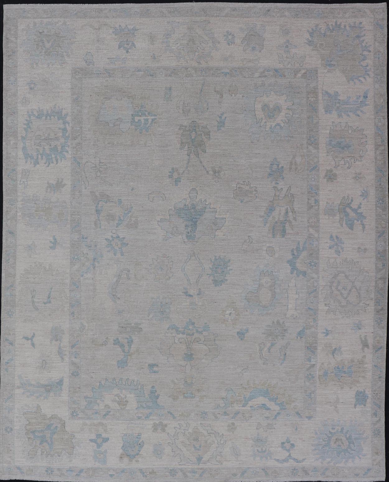 Modern Tribal Oushak with Light Silver - Gray Colored Background and Cream Border. Country of Origin: Afghanistan; Type: Oushak; Design: Medallion, Tribal Medallion, All - Over; Keivan Woven Arts: rug AWR - 17380; Authentic Oushak. Measures: 9'0 x 12'0 ... - Keivan Woven ArtsAWR - 17380 - 25012Rug
