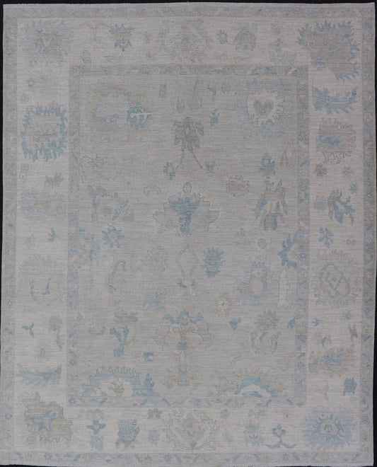 Modern Tribal Oushak with Light Silver - Gray Colored Background and Cream Border. Country of Origin: Afghanistan; Type: Oushak; Design: Medallion, Tribal Medallion, All - Over; Keivan Woven Arts: rug AWR - 17380; Authentic Oushak. Measures: 9'0 x 12'0 ... - Keivan Woven ArtsAWR - 17380 - 25012Rug