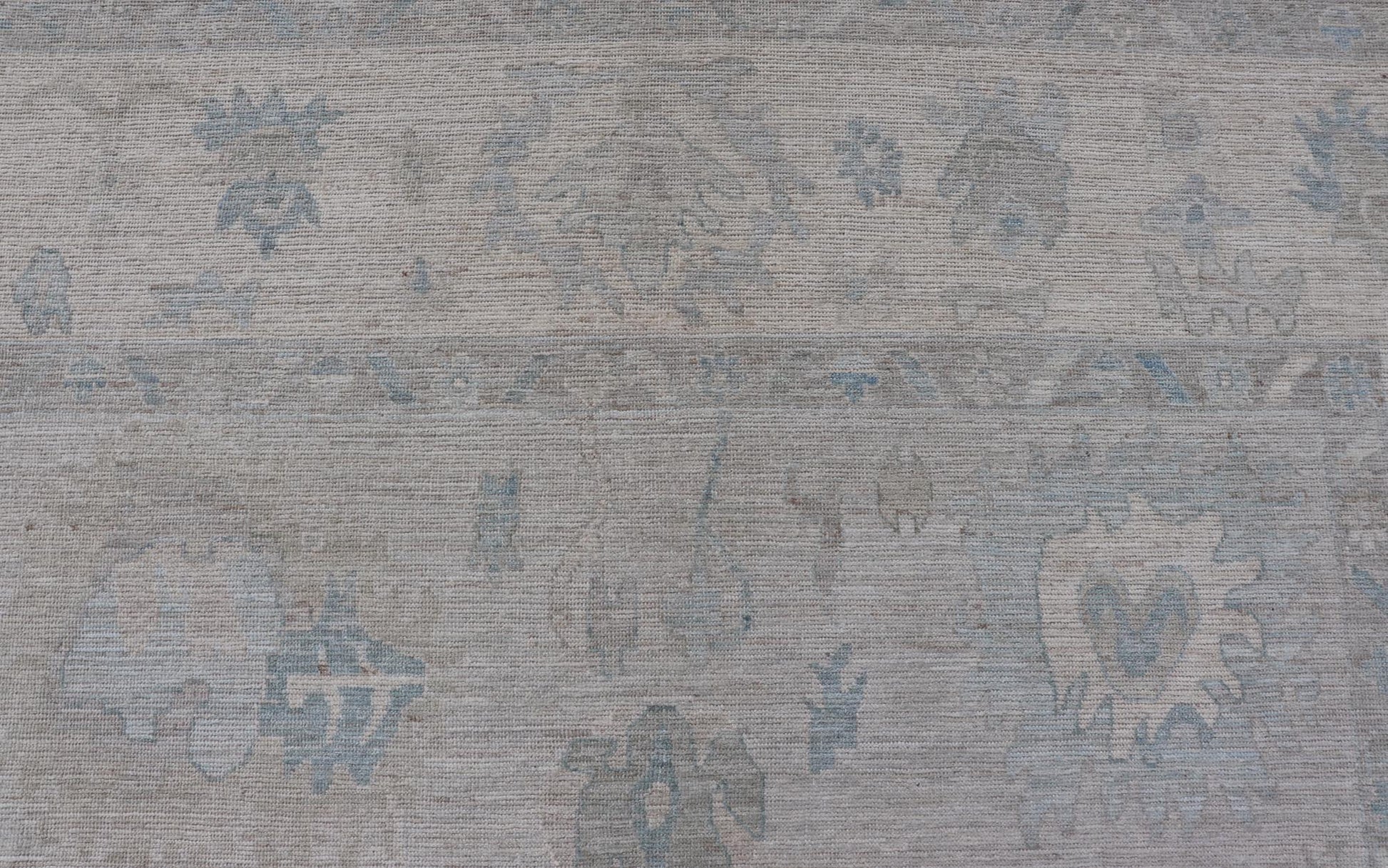 Modern Tribal Oushak with Light Silver - Gray Colored Background and Cream Border. Country of Origin: Afghanistan; Type: Oushak; Design: Medallion, Tribal Medallion, All - Over; Keivan Woven Arts: rug AWR - 17380; Authentic Oushak. Measures: 9'0 x 12'0 ... - Keivan Woven ArtsAWR - 17380 - 25012Rug