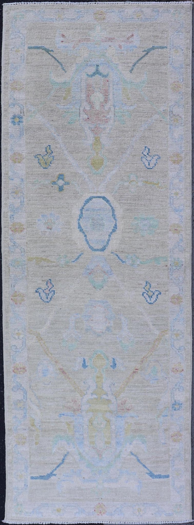 Small Modern Oushak Runner with Light Tan Background and Floral Motif With Blue. Keivan Woven Arts; rug AWR - 17514 Country of Origin: Afghanistan Type: Oushak Circa 2010 Key Words: Modern, Oushak Runner. Measures: 2'3 x 6'5 This contemporary run... - Keivan Woven ArtsAWR - 17514 - 25018Rug