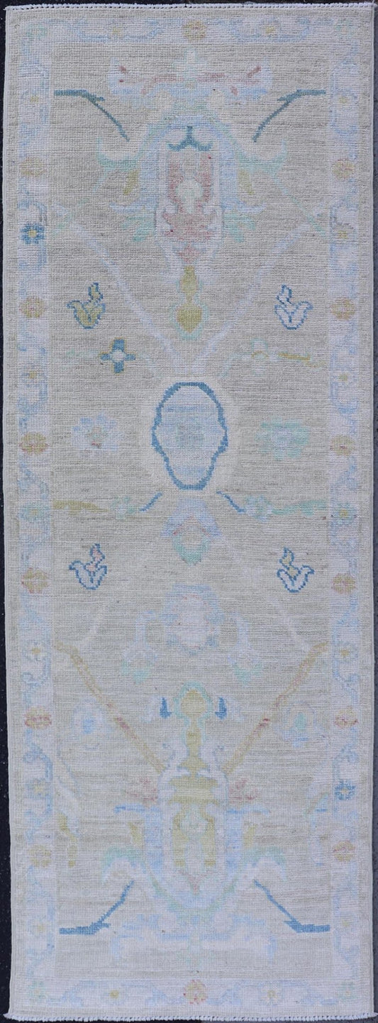 Small Modern Oushak Runner with Light Tan Background and Floral Motif With Blue. Keivan Woven Arts; rug AWR - 17514 Country of Origin: Afghanistan Type: Oushak Circa 2010 Key Words: Modern, Oushak Runner. Measures: 2'3 x 6'5 This contemporary run... - Keivan Woven ArtsAWR - 17514 - 25018Rug