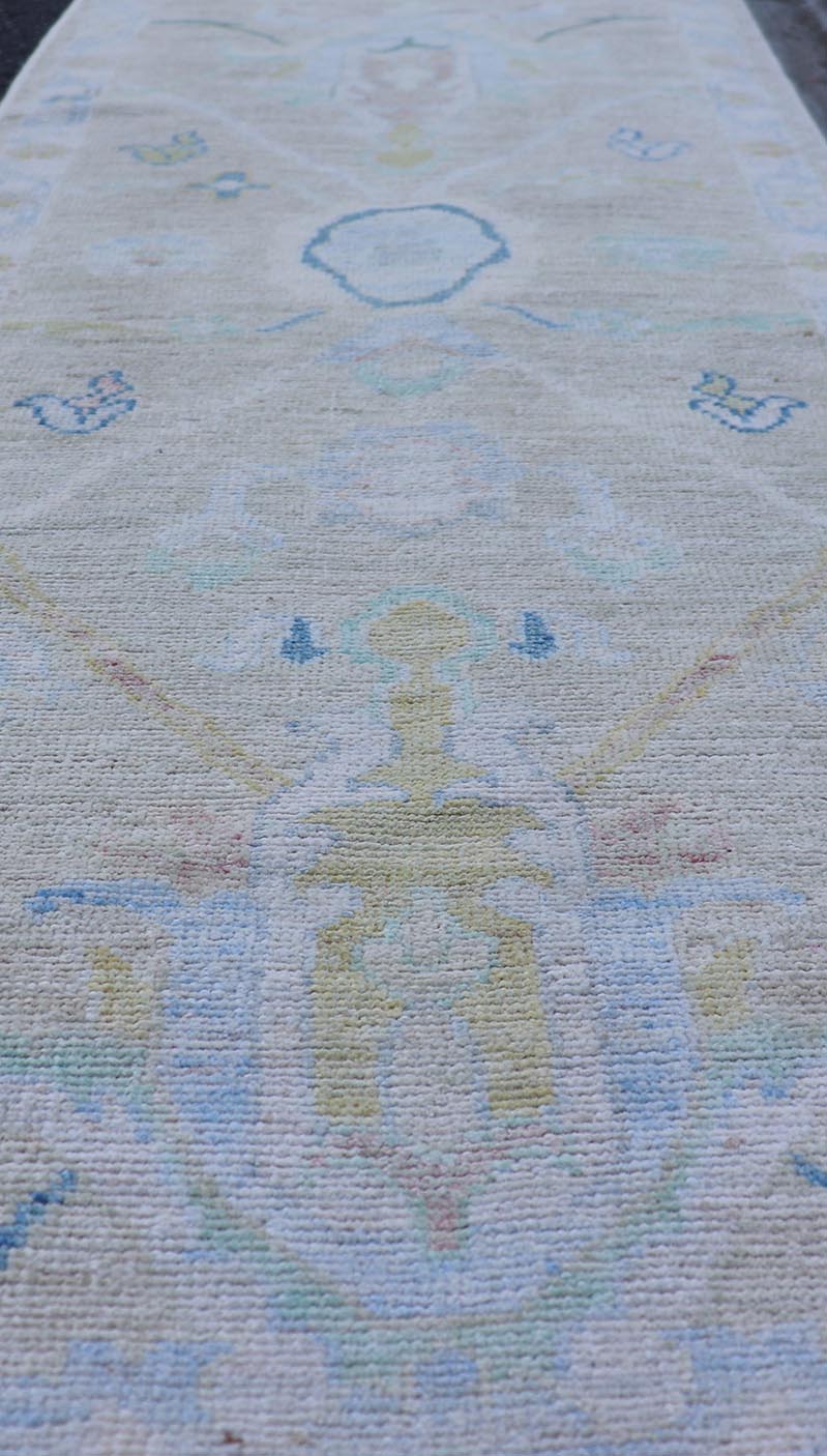 Small Modern Oushak Runner with Light Tan Background and Floral Motif With Blue. Keivan Woven Arts; rug AWR - 17514 Country of Origin: Afghanistan Type: Oushak Circa 2010 Key Words: Modern, Oushak Runner. Measures: 2'3 x 6'5 This contemporary run... - Keivan Woven ArtsAWR - 17514 - 25018Rug