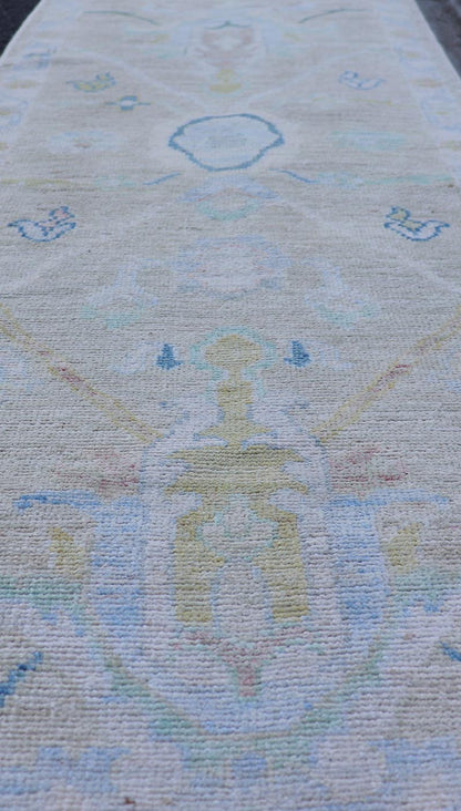 Small Modern Oushak Runner with Light Tan Background and Floral Motif With Blue. Keivan Woven Arts; rug AWR - 17514 Country of Origin: Afghanistan Type: Oushak Circa 2010 Key Words: Modern, Oushak Runner. Measures: 2'3 x 6'5 This contemporary run... - Keivan Woven ArtsAWR - 17514 - 25018Rug