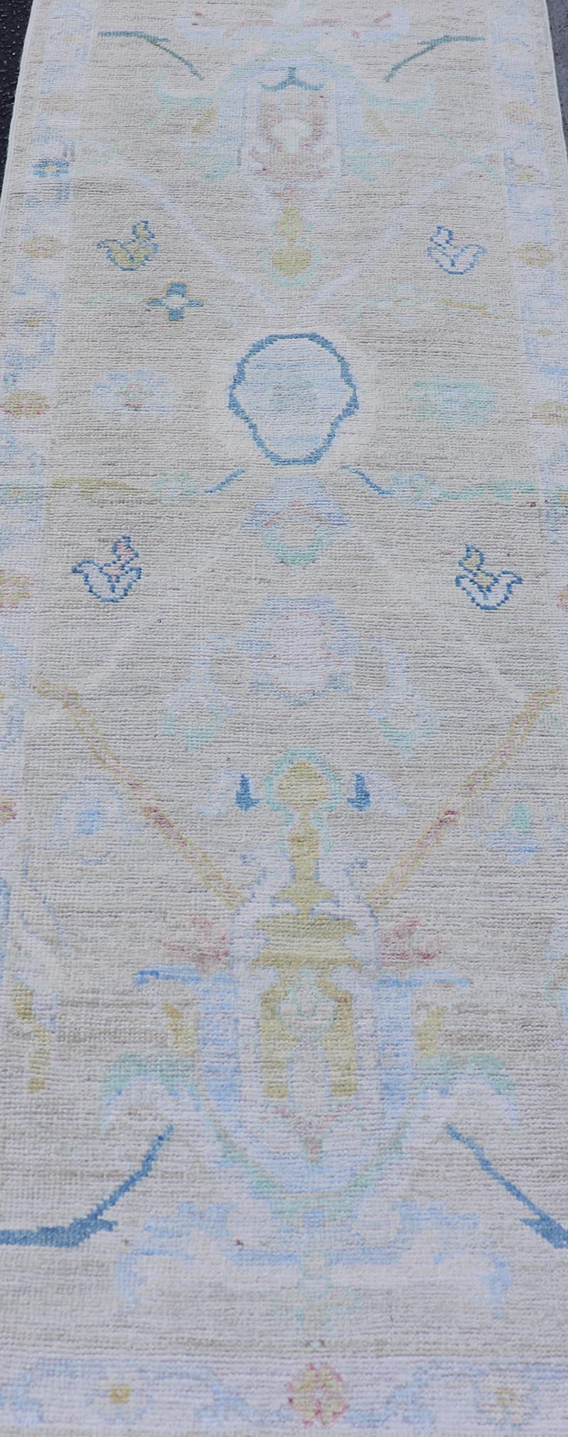 Small Modern Oushak Runner with Light Tan Background and Floral Motif With Blue. Keivan Woven Arts; rug AWR - 17514 Country of Origin: Afghanistan Type: Oushak Circa 2010 Key Words: Modern, Oushak Runner. Measures: 2'3 x 6'5 This contemporary run... - Keivan Woven ArtsAWR - 17514 - 25018Rug