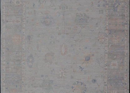 Modern All - Over Floral Oushak with Light Gray - Blue Background And Neutral Color. Keivan Woven Arts rug AWR - 17559 Country of Origin: Afghanistan Type: Oushak Design: Floral, All - Over, Abstract Floral. Measures: 12'1 x 14'8 This Oushak was hand - kn... - Keivan Woven ArtsAWR - 17559 - 25024Rug