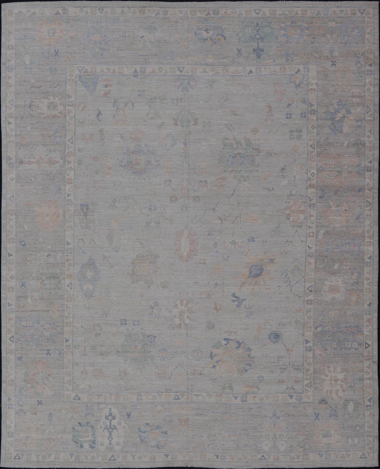 Modern All - Over Floral Oushak with Light Gray - Blue Background And Neutral Color. Keivan Woven Arts rug AWR - 17559 Country of Origin: Afghanistan Type: Oushak Design: Floral, All - Over, Abstract Floral. Measures: 12'1 x 14'8 This Oushak was hand - kn... - Keivan Woven ArtsAWR - 17559 - 25024Rug