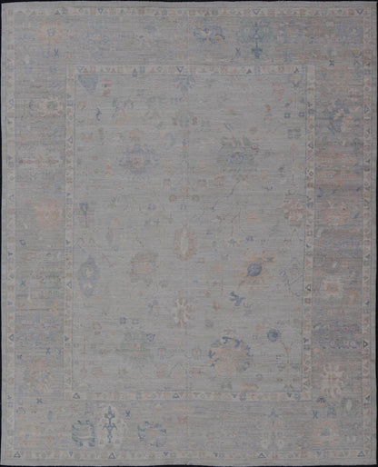 Modern All - Over Floral Oushak with Light Gray - Blue Background And Neutral Color. Keivan Woven Arts rug AWR - 17559 Country of Origin: Afghanistan Type: Oushak Design: Floral, All - Over, Abstract Floral. Measures: 12'1 x 14'8 This Oushak was hand - kn... - Keivan Woven ArtsAWR - 17559 - 25024Rug