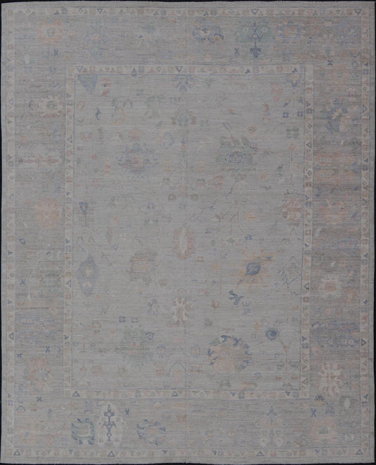 Modern All - Over Floral Oushak with Light Gray - Blue Background And Neutral Color. Keivan Woven Arts rug AWR - 17559 Country of Origin: Afghanistan Type: Oushak Design: Floral, All - Over, Abstract Floral. Measures: 12'1 x 14'8 This Oushak was hand - kn... - Keivan Woven ArtsAWR - 17559 - 25024