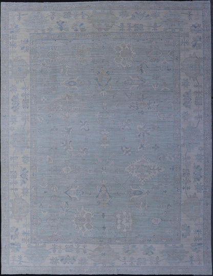 Oushak Modern with Floral Motifs with Cream, Grey, Blue, and Powder Blue. Keivan Woven Arts; rug AWR - 17574 Country of Origin: Afghanistan Type: Oushak Design: Floral, All - Over Abstract - Tribal 21st century. Measures: 8'10 x 11'9 This modern Oush... - Keivan Woven ArtsAWR - 17574 - 25030Rug