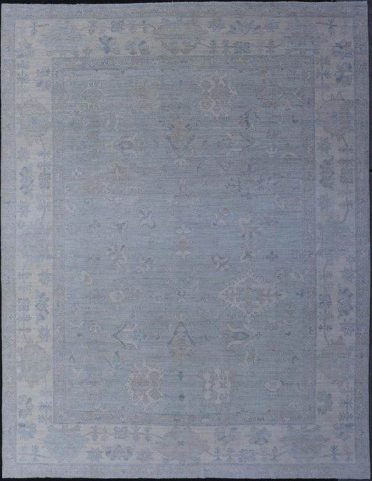 Oushak Modern with Floral Motifs with Cream, Grey, Blue, and Powder Blue. Keivan Woven Arts; rug AWR - 17574 Country of Origin: Afghanistan Type: Oushak Design: Floral, All - Over Abstract - Tribal 21st century. Measures: 8'10 x 11'9 This modern Oush... - Keivan Woven ArtsAWR - 17574 - 25030Rug
