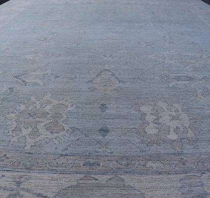 Oushak Modern with Floral Motifs with Cream, Grey, Blue, and Powder Blue. Keivan Woven Arts; rug AWR - 17574 Country of Origin: Afghanistan Type: Oushak Design: Floral, All - Over Abstract - Tribal 21st century. Measures: 8'10 x 11'9 This modern Oush... - Keivan Woven ArtsAWR - 17574 - 25030Rug