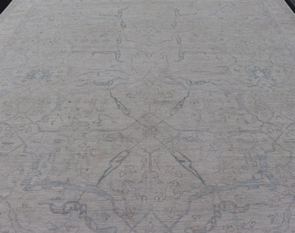Very Large Modern Afghan Oushak with Soft Floral Motifs on Light Blue Background. Keivan Woven Arts; rug AWR - 17608 Country of Origin: Afghanistan Type: Oushak Design: Floral. Measures: 13'2 x 19'9 This grandiose Oushak features a wide border, sh... - Keivan Woven ArtsAWR - 17608 - 25048Rug