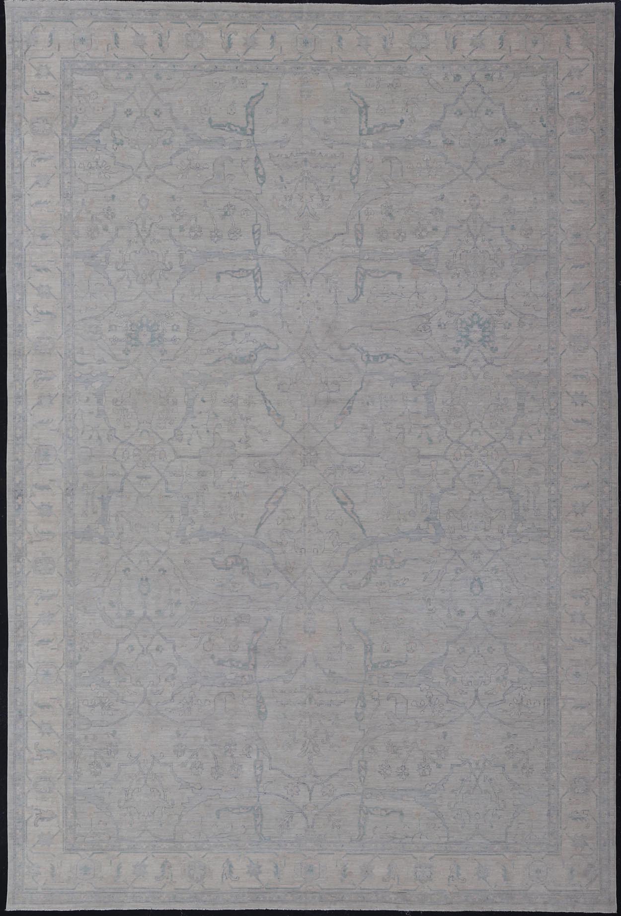 Very Large Modern Afghan Oushak with Soft Floral Motifs on Light Blue Background. Keivan Woven Arts; rug AWR - 17608 Country of Origin: Afghanistan Type: Oushak Design: Floral. Measures: 13'2 x 19'9 This grandiose Oushak features a wide border, sh... - Keivan Woven ArtsAWR - 17608 - 25048Rug