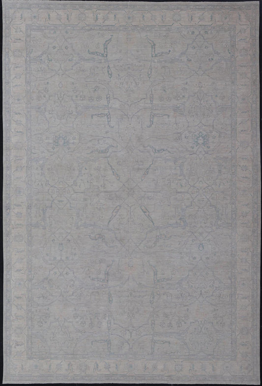 Very Large Modern Afghan Oushak with Soft Floral Motifs on Light Blue Background. Keivan Woven Arts; rug AWR - 17608 Country of Origin: Afghanistan Type: Oushak Design: Floral. Measures: 13'2 x 19'9 This grandiose Oushak features a wide border, sh... - Keivan Woven ArtsAWR - 17608 - 25048Rug