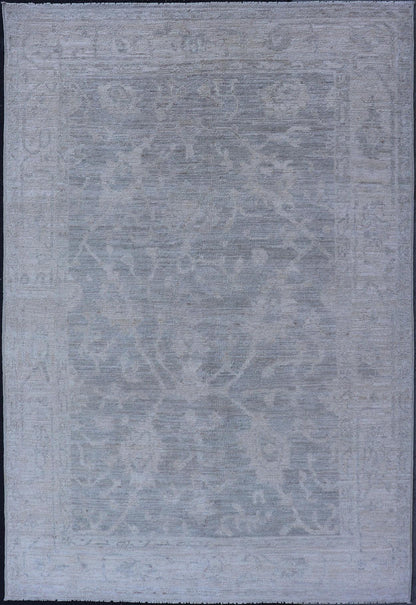 Modern Tribal Oushak with a Cream Border and Light Gray - Green Background. Keivan Woven Arts: rug / AWR - 17770 / Country of Origin: Afghanistan; Type: Oushak; Design: Medallion, Tribal Medallion, All - Over. Measures: 3'10 x 6'0 A Oushak featuring... - Keivan Woven ArtsAWR - 17770 - 25054Rug