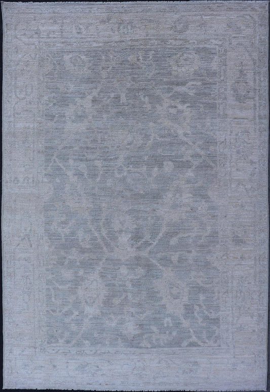 Modern Tribal Oushak with a Cream Border and Light Gray - Green Background. Keivan Woven Arts: rug / AWR - 17770 / Country of Origin: Afghanistan; Type: Oushak; Design: Medallion, Tribal Medallion, All - Over. Measures: 3'10 x 6'0 A Oushak featuring... - Keivan Woven ArtsAWR - 17770 - 25054Rug