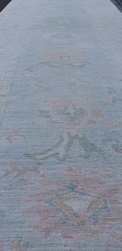 Neutral Color Gallery Oushak Runner with Medallion Design in Light Blue Field. Keivan Woven Arts; rug AWR - 17798 Country of Origin: Afghanistan Type: Oushak Design: Medallion, Motif, Floral Motif. Measures: 4'2 x 18'2 This modern piece holds med... - Keivan Woven ArtsAWR - 17798 - 25060Rug