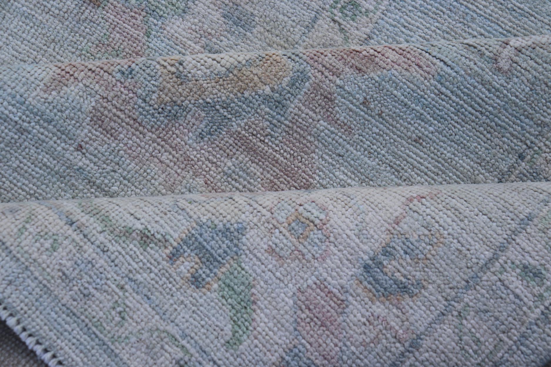 Neutral Color Gallery Oushak Runner with Medallion Design in Light Blue Field. Keivan Woven Arts; rug AWR - 17798 Country of Origin: Afghanistan Type: Oushak Design: Medallion, Motif, Floral Motif. Measures: 4'2 x 18'2 This modern piece holds med... - Keivan Woven ArtsAWR - 17798 - 25060Rug