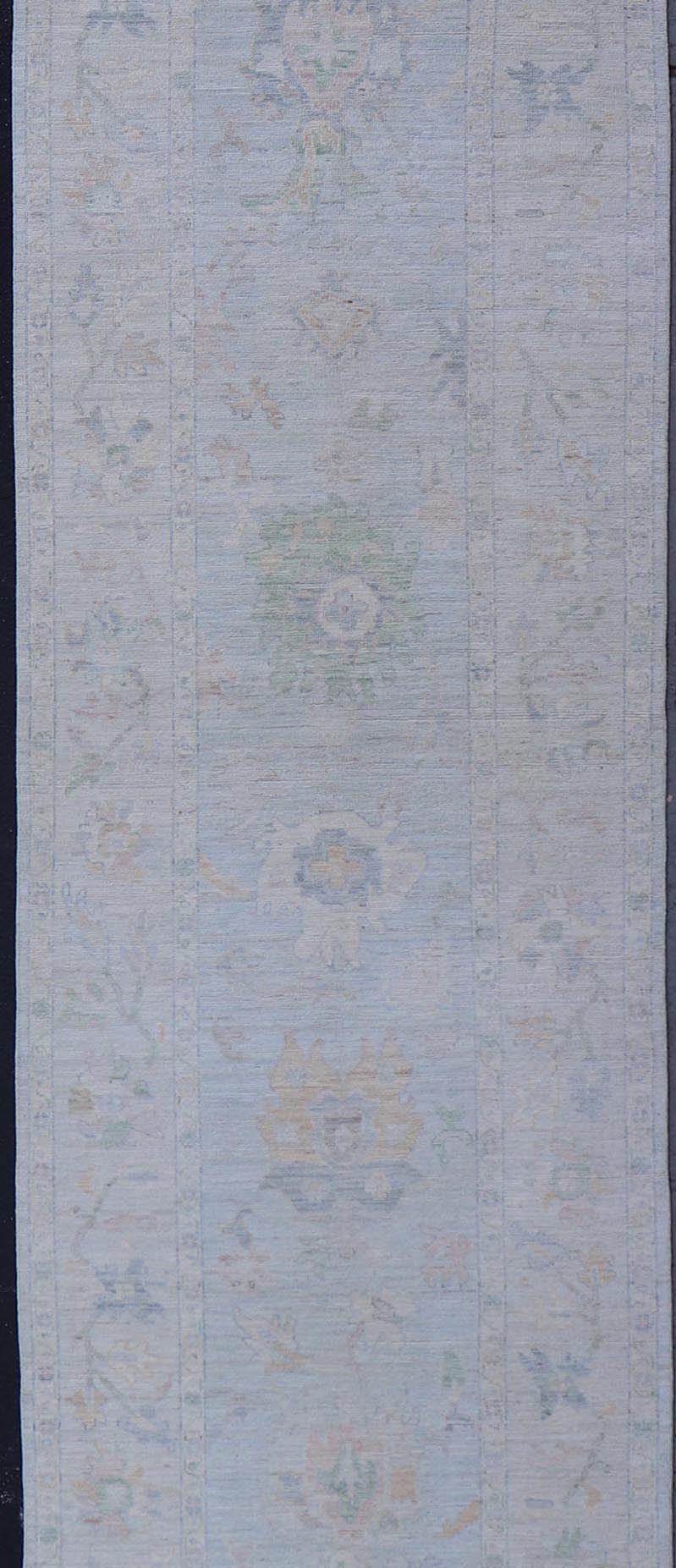 Neutral Color Gallery Oushak Runner with Medallion Design in Light Blue Field. Keivan Woven Arts; rug AWR - 17798 Country of Origin: Afghanistan Type: Oushak Design: Medallion, Motif, Floral Motif. Measures: 4'2 x 18'2 This modern piece holds med... - Keivan Woven ArtsAWR - 17798 - 25060Rug