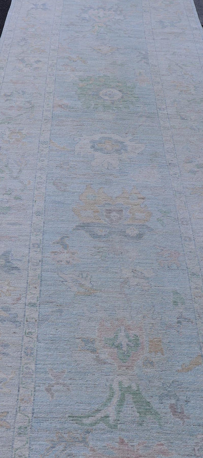 Neutral Color Gallery Oushak Runner with Medallion Design in Light Blue Field. Keivan Woven Arts; rug AWR - 17798 Country of Origin: Afghanistan Type: Oushak Design: Medallion, Motif, Floral Motif. Measures: 4'2 x 18'2 This modern piece holds med... - Keivan Woven ArtsAWR - 17798 - 25060Rug