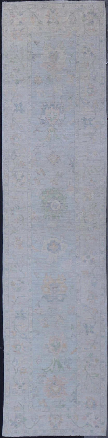 Neutral Color Gallery Oushak Runner with Medallion Design in Light Blue Field. Keivan Woven Arts; rug AWR - 17798 Country of Origin: Afghanistan Type: Oushak Design: Medallion, Motif, Floral Motif. Measures: 4'2 x 18'2 This modern piece holds med... - Keivan Woven ArtsAWR - 17798 - 25060Rug