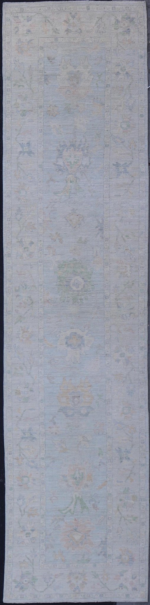 Neutral Color Gallery Oushak Runner with Medallion Design in Light Blue Field. Keivan Woven Arts; rug AWR - 17798 Country of Origin: Afghanistan Type: Oushak Design: Medallion, Motif, Floral Motif. Measures: 4'2 x 18'2 This modern piece holds med... - Keivan Woven ArtsAWR - 17798 - 25060Rug