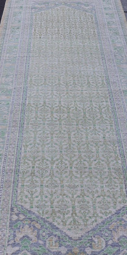 Sub - Geometric Paisley Designed Rug with Muted Tones of Green and Brown. Keivan Woven Arts rug AWR - 17859 Country of Origin: Afghanistan Type: Tabriz Design: Geometric, Mosaic Medallion Key Words. Measures: 4'0 x 11'8 This hand - knotted Tabriz fea... - Keivan Woven ArtsAWR - 17859 - 25072