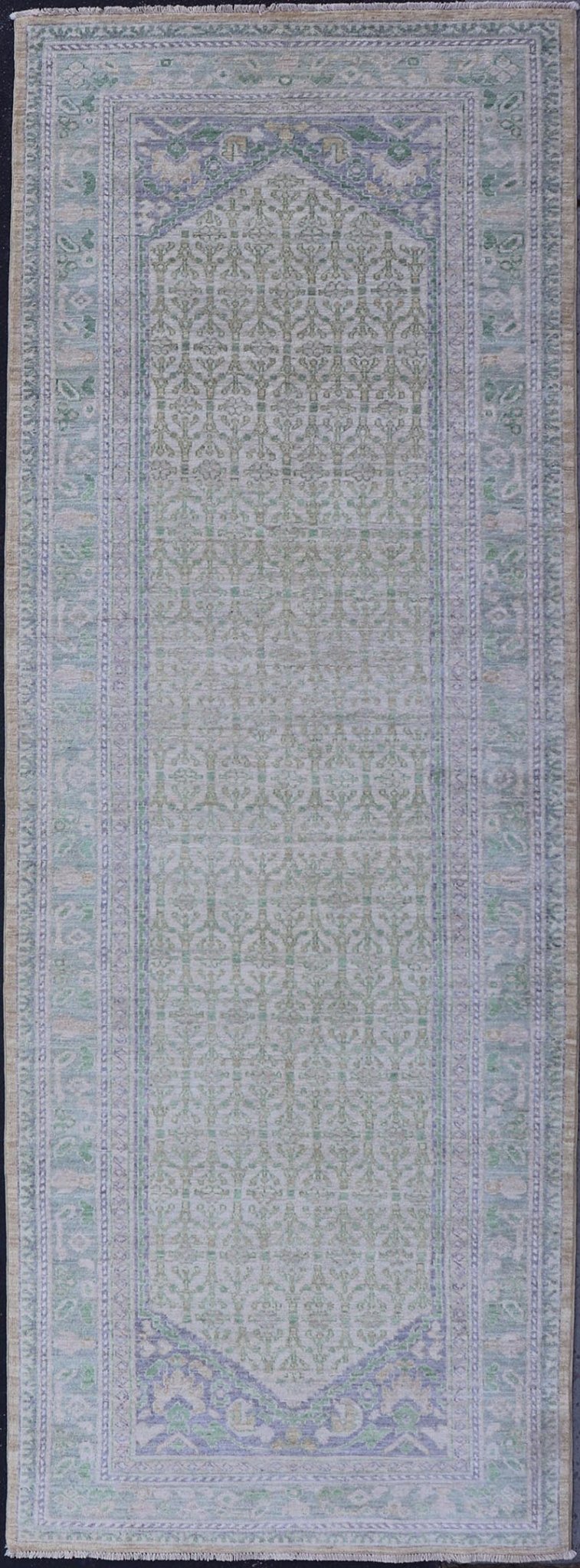 Sub - Geometric Paisley Designed Rug with Muted Tones of Green and Brown. Keivan Woven Arts rug AWR - 17859 Country of Origin: Afghanistan Type: Tabriz Design: Geometric, Mosaic Medallion Key Words. Measures: 4'0 x 11'8 This hand - knotted Tabriz fea... - Keivan Woven ArtsAWR - 17859 - 25072