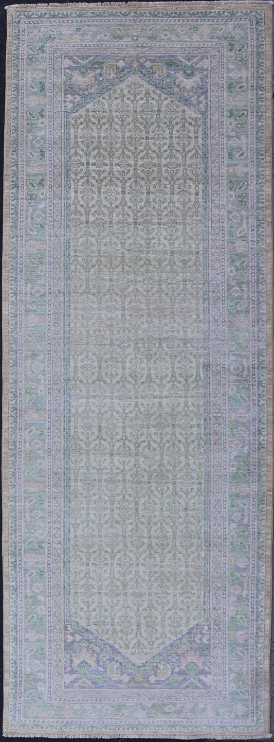 Sub - Geometric Paisley Designed Rug with Muted Tones of Green and Brown. Keivan Woven Arts rug AWR - 17859 Country of Origin: Afghanistan Type: Tabriz Design: Geometric, Mosaic Medallion Key Words. Measures: 4'0 x 11'8 This hand - knotted Tabriz fea... - Keivan Woven ArtsAWR - 17859 - 25072